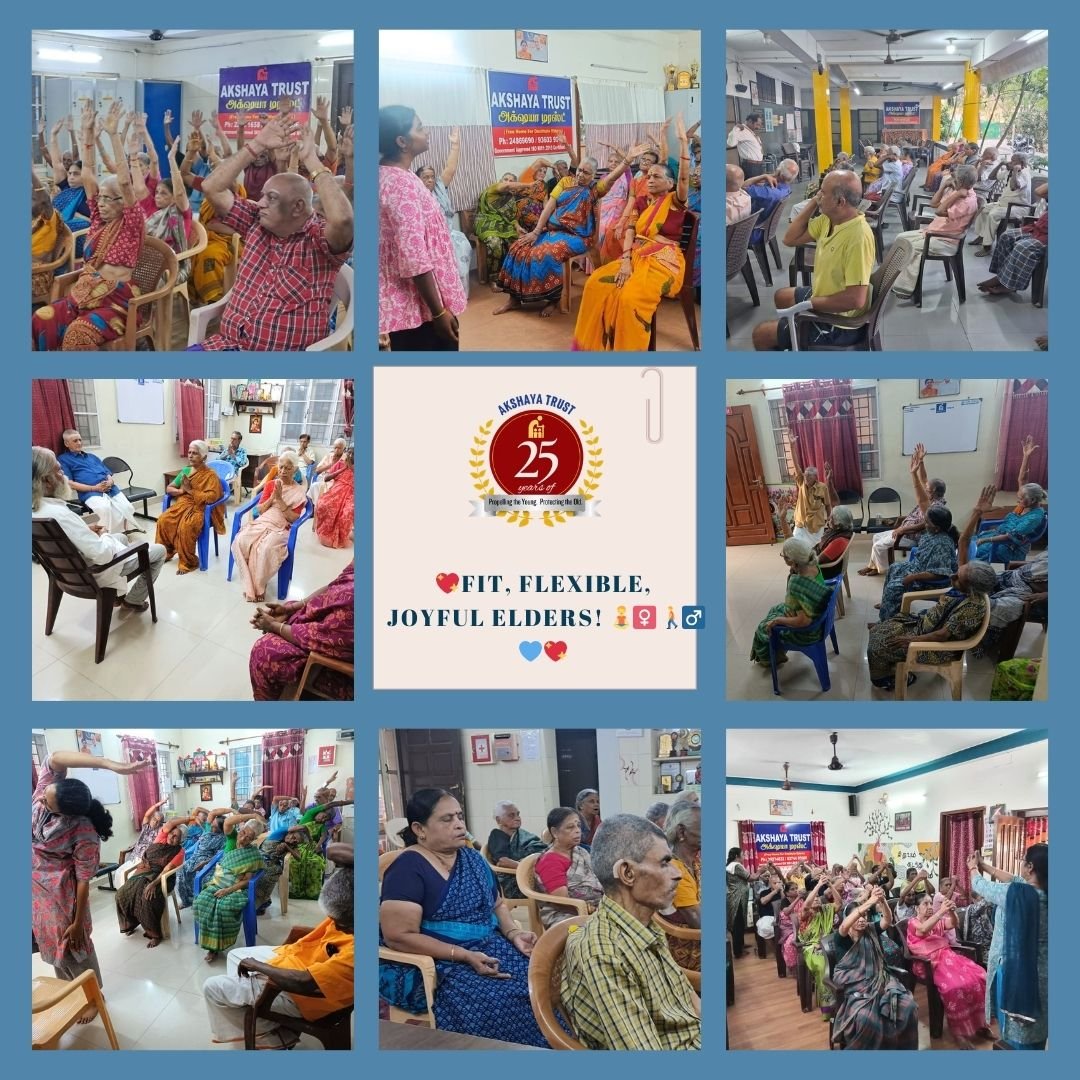 Read more about the article At Akshaya Trust, our elders kick off each day with a joyful routine of exercise, yoga, meditation, and brisk walks—keeping them fit, flexible, and full of happiness!